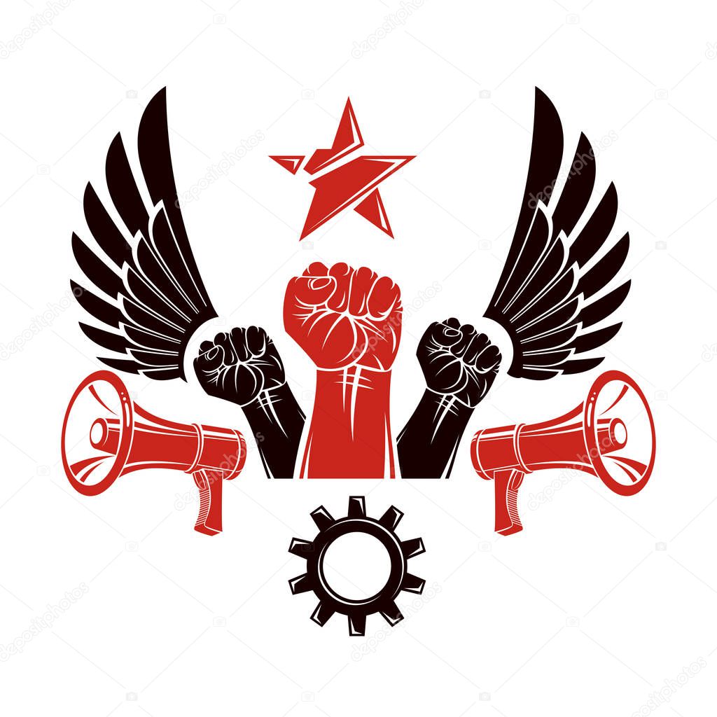 Raised clenched fists vector illustration composed with loudspeakers equipment and engineering cog wheel. Propaganda as the means of manipulation and control
