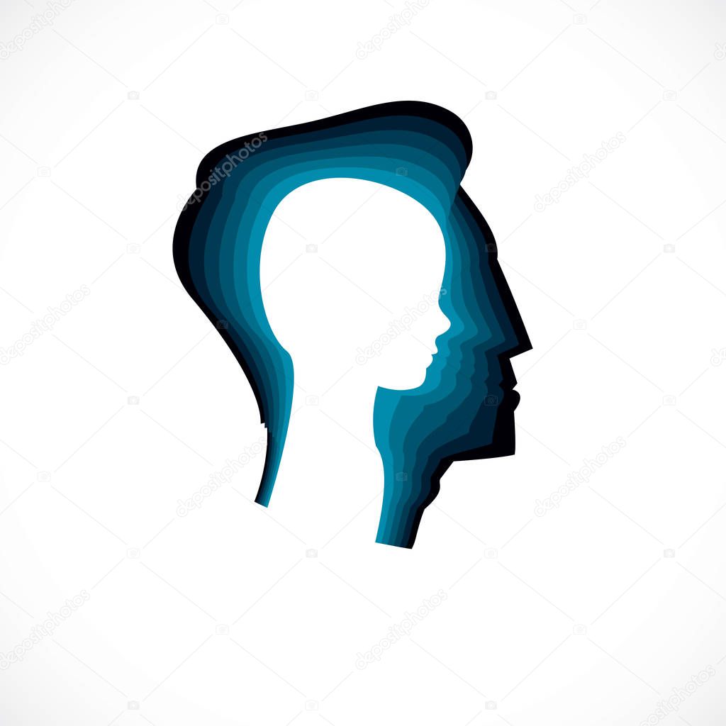 Psychology, mental health vector design, created with man head profile and little child boy inside, inner child concept, origin of human individuality and psychic problems. Therapy and analysis.