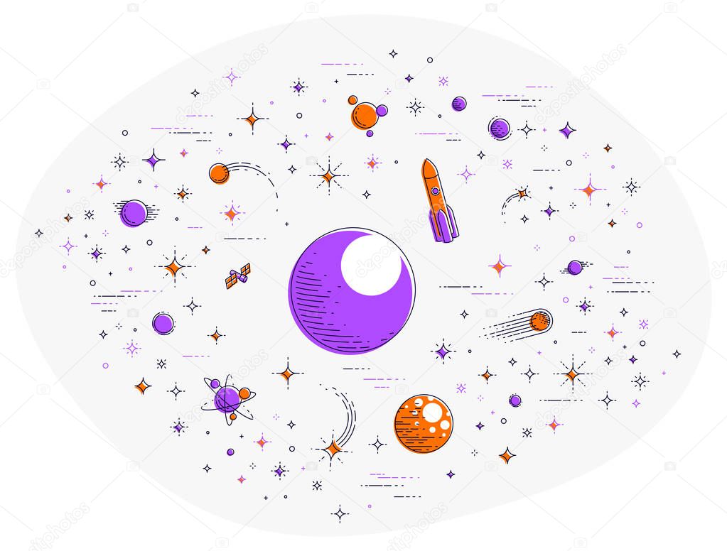 Fantastic planets in undiscovered galaxy with stars, rockets and other elements. Explore universe, breathtaking space science. Thin line 3d vector illustration isolated on white.