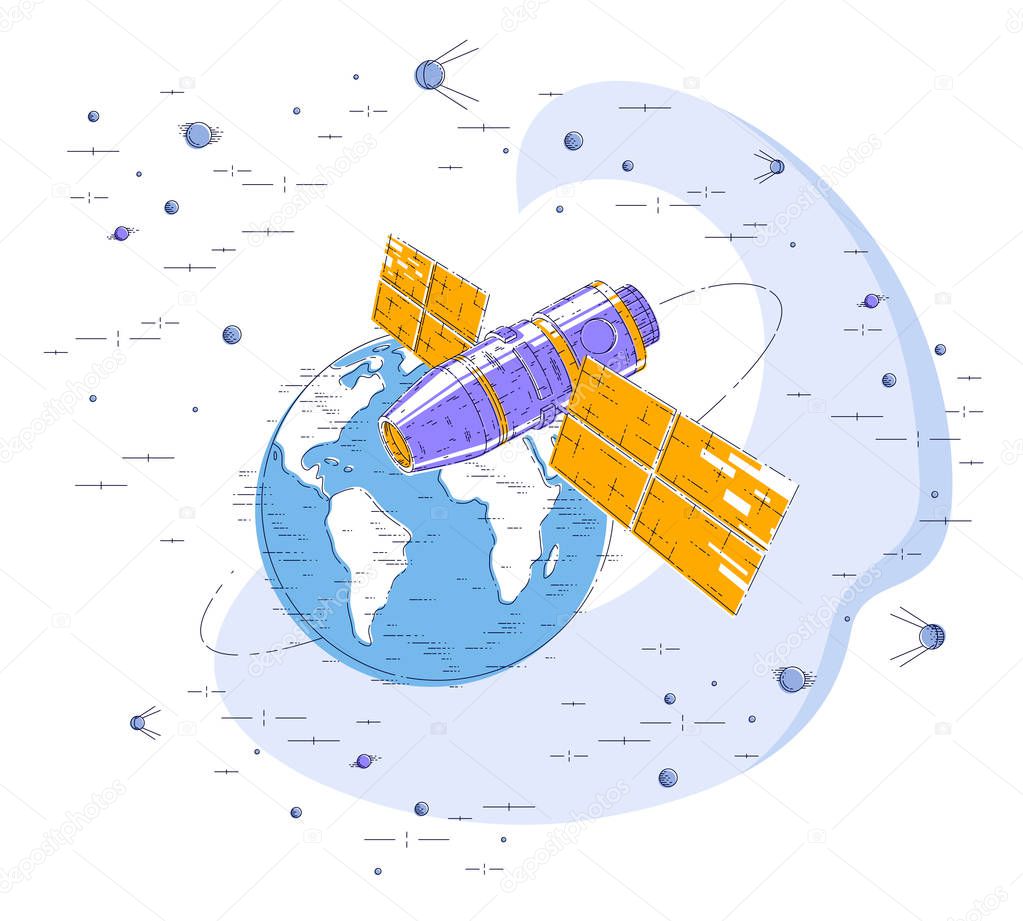Space station flying orbital flight around earth, spacecraft spaceship iss with solar panels, artificial satellite, surrounded by stars and other elements. Thin line 3d vector illustration.