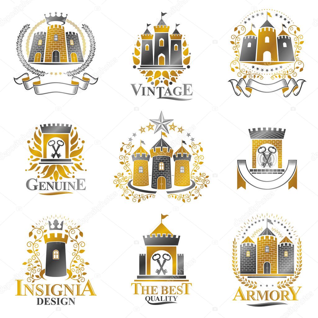 Ancient Castles emblems set. Heraldic Coat of Arms decorative logos isolated vector illustrations collection.