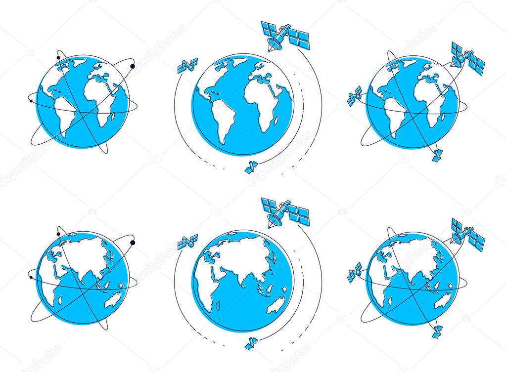 Global communication technology satellites flying orbital spaceflight around earth, spacecraft space stations with solar panels and satellite antenna plate. Thin line 3d vector illustrations set.