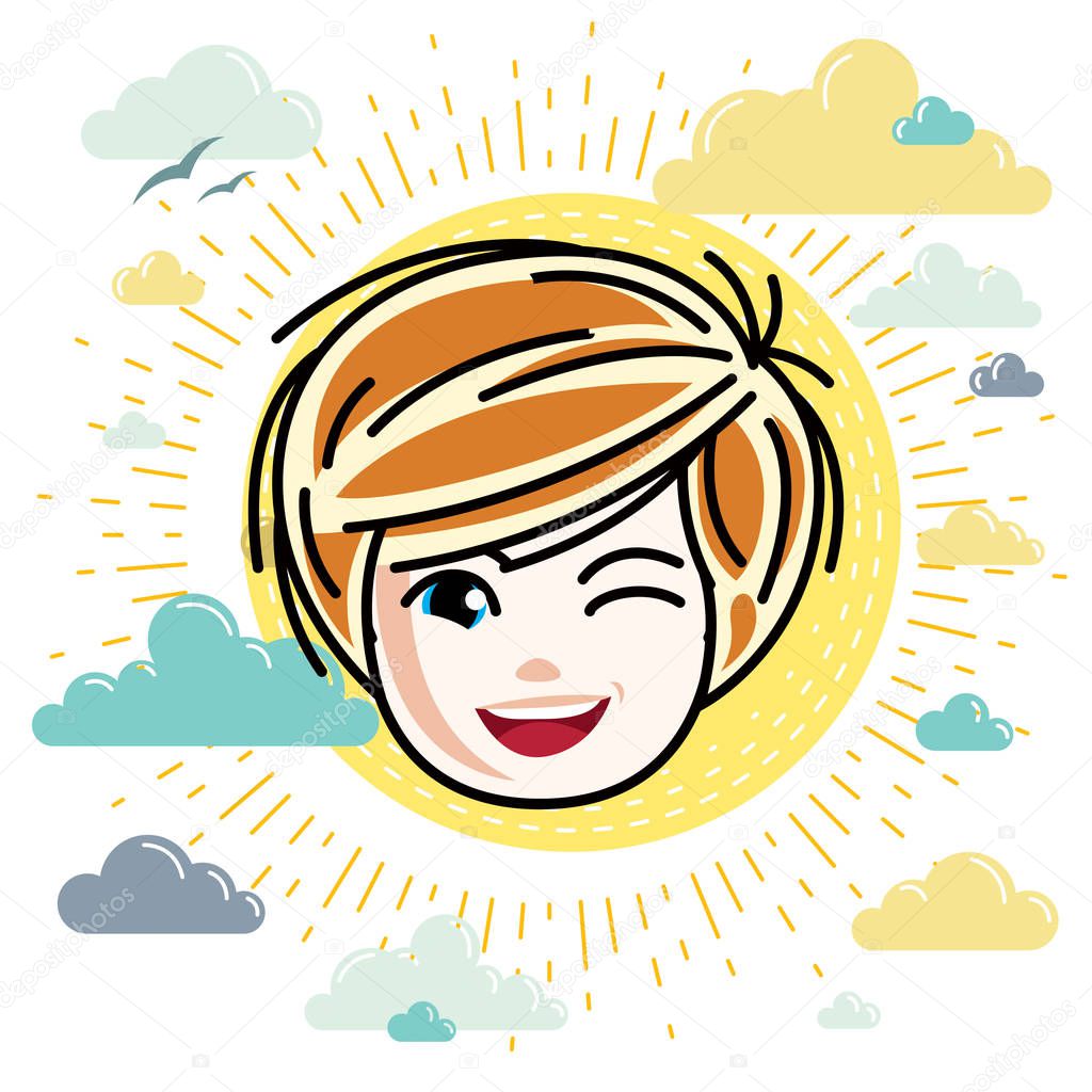 Vector illustration of beautiful red-haired happy girl face, positive face features, clipart. Teenager winking.