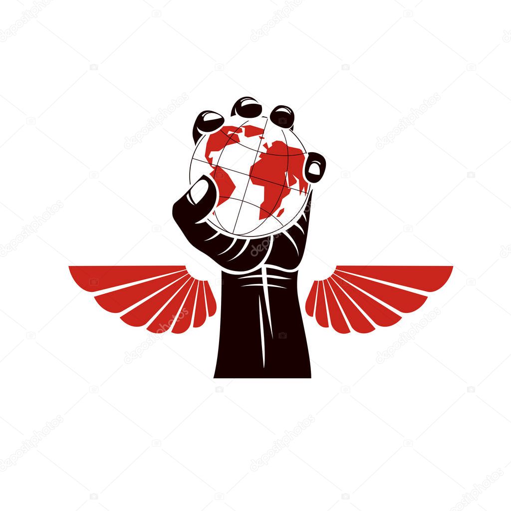 Winged vector emblem composed with raised clenched fist composed with Earth illustration. Authority as the means of global control and manipulation