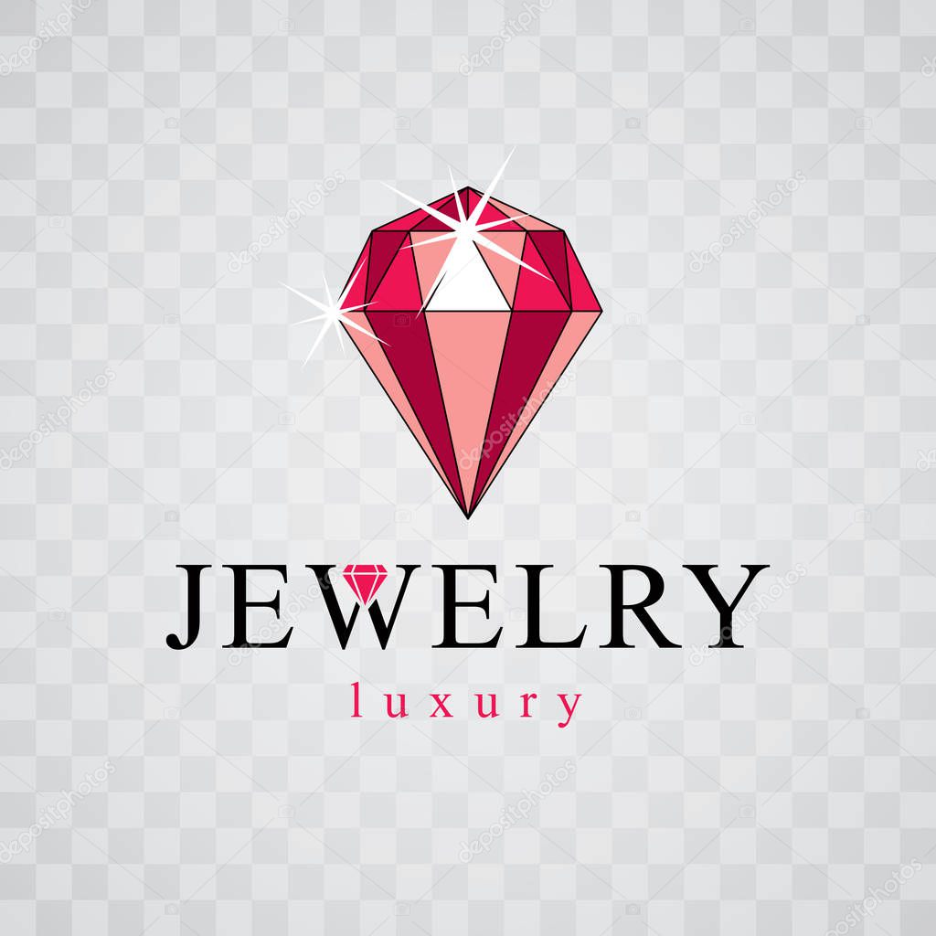 Vector faceted gemstone illustration with sparkles, polygonal. Brilliant jewelry sign emblem, logo.