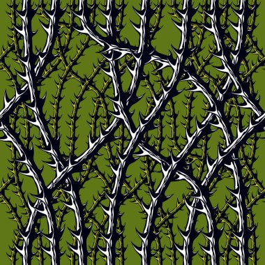 Korku stili, korkunç, pürüzsüz kalıp, vektör arkaplan. Dikenli Blackthorn dalları, sonu gelmeyen güzel bir illüstrasyon. Hard Rock ve Heavy metal alt kültür müzik tekstil moda tasarımı.