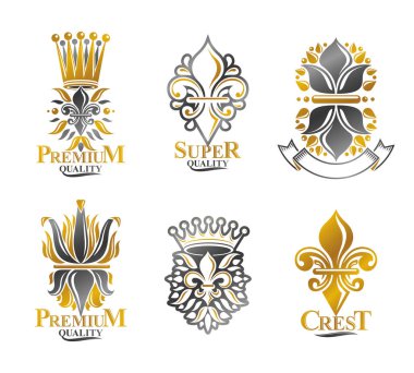 Kraliyet sembolleri Lily çiçekler, çiçek ve kron, amblemler ayarlayın. Hanedan vektör tasarım öğeleri koleksiyonu. Retro tarzı etiket, Hanedanlık armaları logosu.