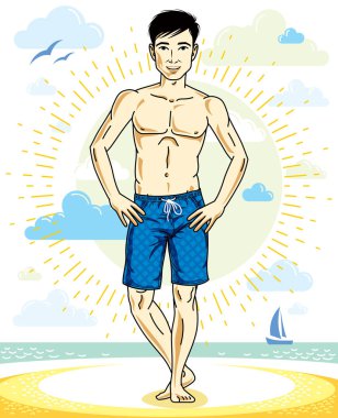 Parlak kısa filmlerde tropik sahilde duran yakışıklı delikanlı. Vektör atletik erkek çizim. Yaz tatil yaşam tarzı tema çizgi film.