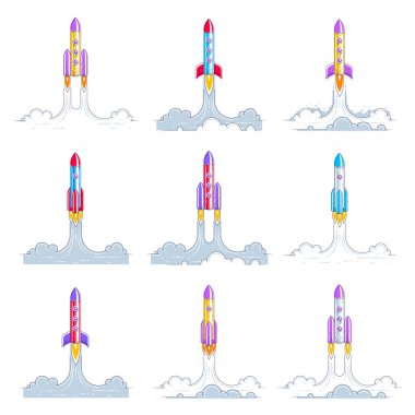 Roketler keşfedilmemiş uzaya fırlatılıyor. Evreni keşfetmek, nefes kesici uzay bilimi. İnce çizgi 3d vektör çizimleri beyaz üzerine izole edildi.