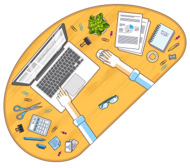 Ofis çalışanı veya girişimci iş Danışma işyeri eller ve Pc defter ve çeşitli ileti örneği nesnelerle çalışma, en iyi görünüm için. Tüm öğeleri ayrı ayrı kullanımı kolay. Vektör çizim.