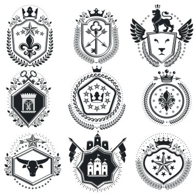 Vintage vektör tasarım öğeleri. Retro tarzı Etiketler, Hanedanlık armaları. Klas kaliteli sembolik resimler koleksiyonu, vektör set.