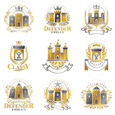 Antik burç Amblemler ayarlayın. Hanedan vektör tasarım öğeleri koleksiyonu. Retro tarzı etiket, Hanedanlık armaları logosu.