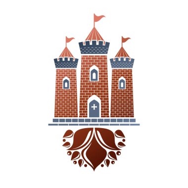 Ortaçağ Kalesi dekoratif vektör illüstrasyon izole. Retro Castle logosu beyaz arka plan üzerinde eski tarzda.