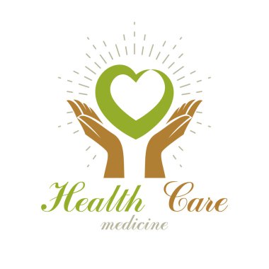 Kalbi tutan özenli eller, vektör grafik sembolü. Homeopati yaratıcı logosu. Hayırseverlik ve gönüllü konsepti.