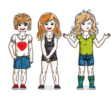 Rahat kıyafetlerle poz güzel mutlu küçük kızlar. Vektör çocuklar illüstrasyonlar set. Çocukluğu ve ailesi yaşam tarzı çizgi film.