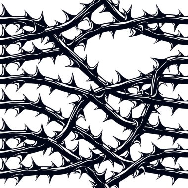 Korku stili, korkunç, pürüzsüz kalıp, vektör arkaplan. Dikenli Blackthorn dalları, sonu gelmeyen güzel bir illüstrasyon. Hard Rock ve Heavy metal alt kültür müzik tekstil moda tasarımı.