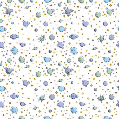 Gezegenler, yıldızlar, asteroitler ve kuyruklu yıldızlar, keşfedilmemiş galaksi fantastik ve ilginç çocuklar için tekstil kumaşı, sonsuz döşeme deseni, vektör çizimi.