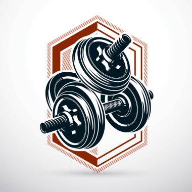 Dumbbell vektör çizim üzerinde beyaz disk ağırlık ile izole. Güç kaldırma ve fitness eğitim için Spor donatımı.