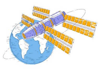 Dünya 'nın yörüngesinde dönen uzay istasyonu, uzay aracı, güneş panelleri ve yapay uyduları olan uzay gemisi. İnce çizgi 3d vektör çizimi.