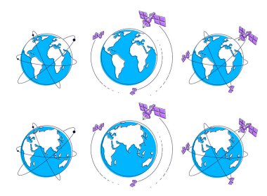 Küresel iletişim teknolojisi uyduları Dünya 'nın etrafında yörünge uçuşları, güneş panelleri ve uydu anten plakalı uzay gemileri. İnce çizgi 3d vektör çizimleri ayarlandı.