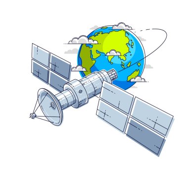 Haberleşme uydusu Dünya 'nın yörüngesinde uçan uzay aracı, güneş panelleri ve uydu anten plakalı uzay gemisi. İnce çizgi 3d vektör çizimi.