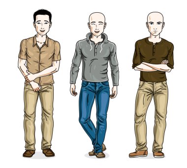 Yakışıklı erkekler moda rahat kıyafetler giymiş ayakta. Vektör farklı insanlar karakter kümesi.