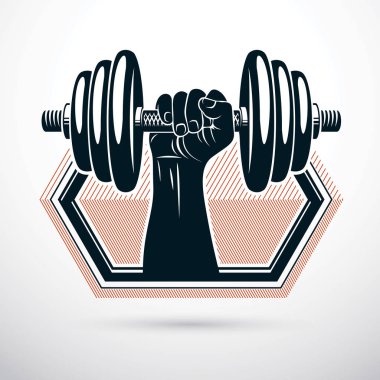 Vücut geliştirmeci kas kol dumbbell tutarak vektör Illustration. Kaldırma güç.