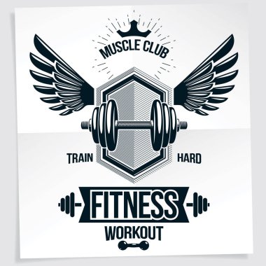 Disk ağırlık dambıl, kuş kanatları ve Kraliyet tacı ile oluşturulan Halter Şampiyonası vektör promosyon el ilanı. Zor yazı Tren.