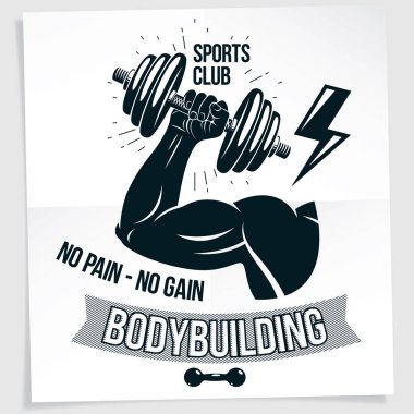 Halter Şampiyonası tanıtım broşürü. Kaslı vücut geliştirmeci kol bileşimi vektör yuvarlak yüzey ağırlık dambıl spor ekipmanı tutar. Acı yoksa, hayır yazma kazanmak.