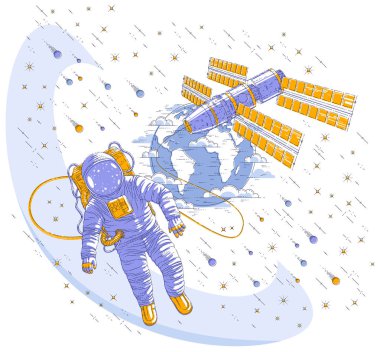 Açık alanda uçan astronot bağlı Uzay İstasyonu ve dünya gezegen arka planda, hafiflik ve ISS uzay aracı, yıldızlar ve diğer öğeleri içinde yüzen uzay giysisi içinde uzay adamı. İzole vektör.