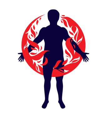 Atletik insan, insan ve doğa uyumunun vektör çizimi, alev topuyla kaplanmış ateş adam..