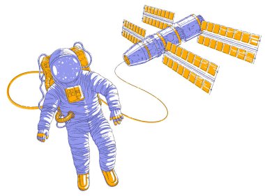 Açık alanda uçan astronot Uzay İstasyonu, hafiflik ve ISS uzay aracı arkasında güneş panelleri ile yüzen uzay giysisi içinde spaceman bağlı. Beyaz bitti izole vektör çizim.
