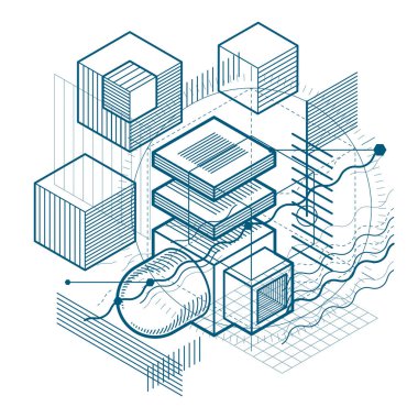 İzometrik doğrusal soyut vektör arka plan, çizgili soyutlama. Küpleri, Altıgenler, kareler, dikdörtgenler ve farklı soyut öğeler.