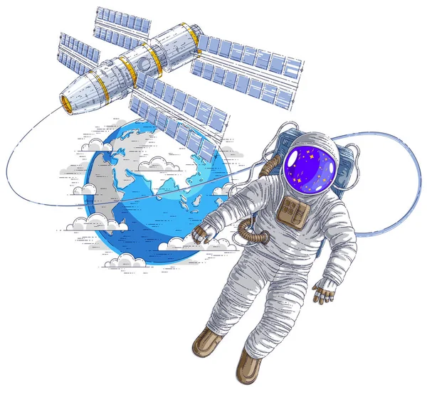 宇航员在空地上飞行 与空间站和地球行星在背景 航天员男子或妇女在宇航服漂浮在失重和 Iss 航天器后面 — 图库矢量图片