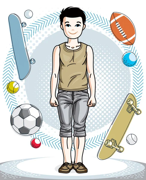 Pretty Child Boy Standing Wearing Fashionable Casual Clothes Vector Pretty — Stock Vector