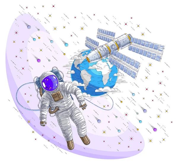 Açık alanda uçan astronot Uzay İstasyonu, keşfedilmemiş gezegenler, yıldızlar ve kuyruklu yıldızlar tarafından çevrili hafiflik ve ISS uzay aracı yüzen spaceman bağlı. Vektör illüstrasyon izole.