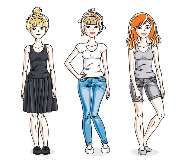 Feliz Grupo Chicas Jóvenes Adultas Pie Con Ropa Casual Moda — Vector de stock