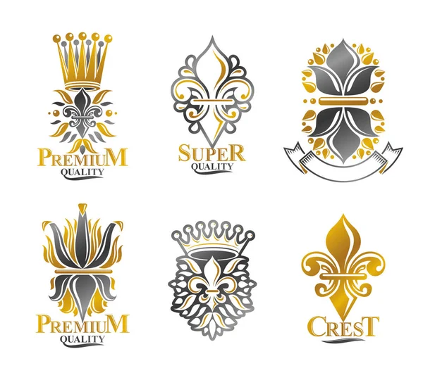 Kraliyet sembolleri Lily çiçekler, çiçek ve kron, amblemler ayarlayın. Hanedan vektör tasarım öğeleri koleksiyonu. Retro tarzı etiket, Hanedanlık armaları logosu.