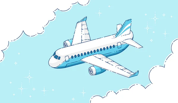 Avião Passageiros Avião Voando Céu Cercado Por Nuvens Bela Linha — Vetor de Stock