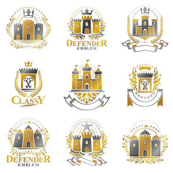 Emblemi Degli Antichi Bastioni Collezione Elementi Design Vettoriale Araldico Etichetta — Vettoriale Stock