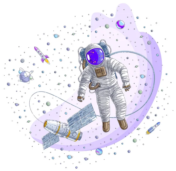 Spaceman Care Zboară Spațiu Deschis Conectat Stația Spațială Astronaut Sau — Vector de stoc