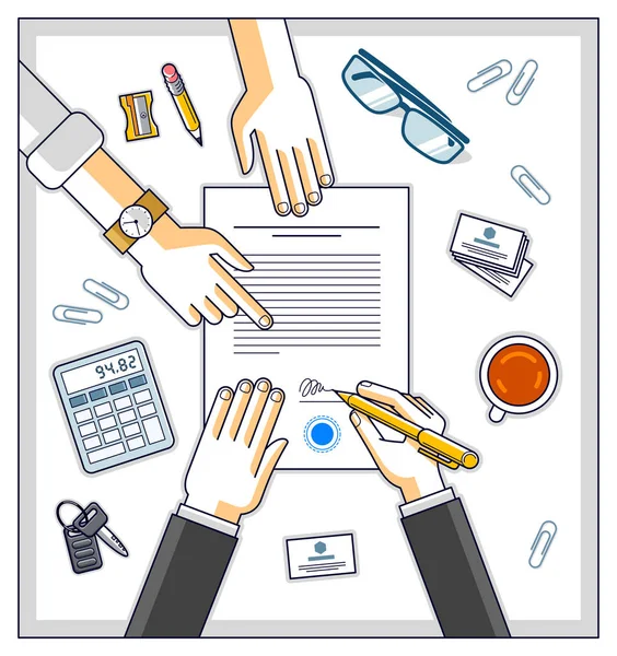 Biznesmen Podpisuje Dokument Papierowy Umowy Lub Klient Banku Napisać Znak — Wektor stockowy