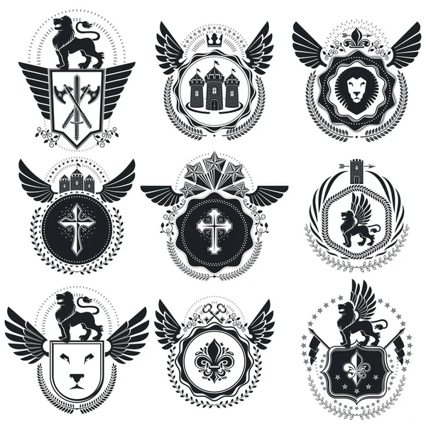 Emblemas Vintage Diseños Vectoriales Heráldicos Colección Escudo Armas Conjunto Vectores — Vector de stock