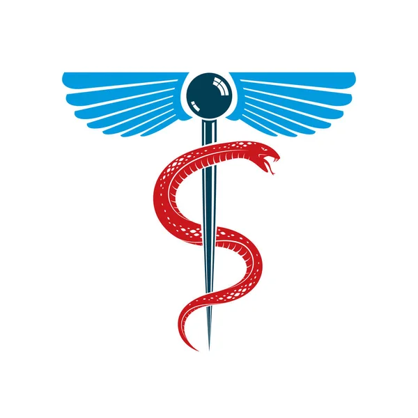 Медицинский Символ Кадуцей Графическая Векторная Эмблема Созданная Крыльями Змеями — стоковый вектор
