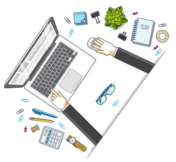 Ofis Resepsiyon çalışma alanı en iyi manzaralı ofis çalışanı veya girişimci, dizüstü bilgisayar ve çeşitli ileti örneği nesneleri iş için elinde. Tüm öğeleri ayrı ayrı kullanımı kolay. Vektör çizim.