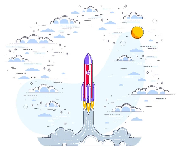 Rocket Launch Cloudy Beautiful Sky Explore Universe Space Breathtaking Space — Stock Vector