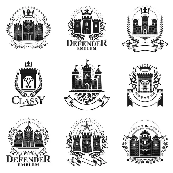 Antike Bastionen Embleme Gesetzt Heraldische Vektordesign Elemente Kollektion Etikett Retrostil — Stockvektor