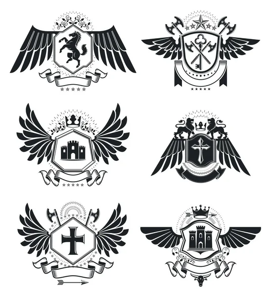 Heráldica Brasão Armas Emblemas Decorativos Ilustrações Vetor Isolado Vintage Coleção — Vetor de Stock