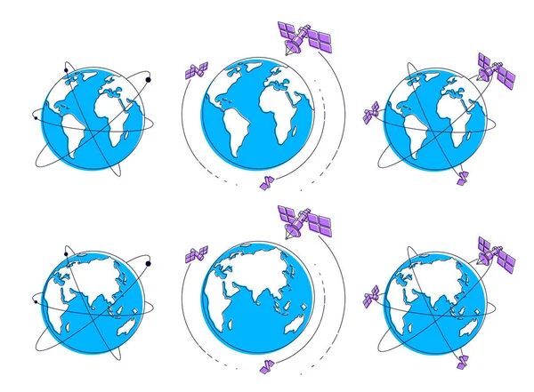 Küresel iletişim teknolojisi uyduları Dünya 'nın etrafında yörünge uçuşları, güneş panelleri ve uydu anten plakalı uzay gemileri. İnce çizgi 3d vektör çizimleri ayarlandı.
