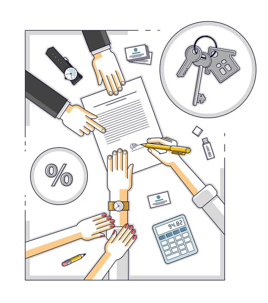 Adam emlak satın almak için banka ipoteği hipotezi imzalıyor ve karısı karar vermesine yardım ediyor. Çalışan da kredi şartlarını, insanların el ve kağıtlarını açıklıyor. Vektör.